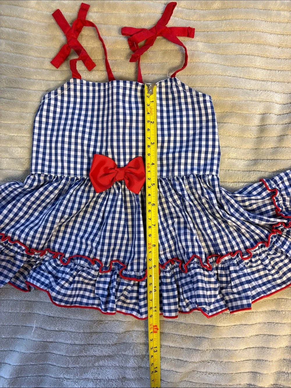 Blue Gingham Dog Dress with Red Trim and Bow
